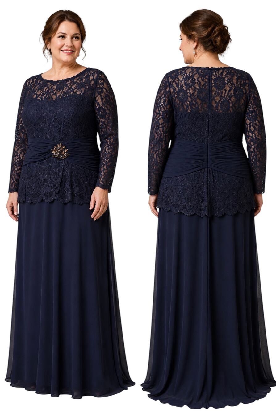 Cachet Navy Lace Beaded Formal Evening Gown, Long Sleeve Maxi, Plus Size 20W